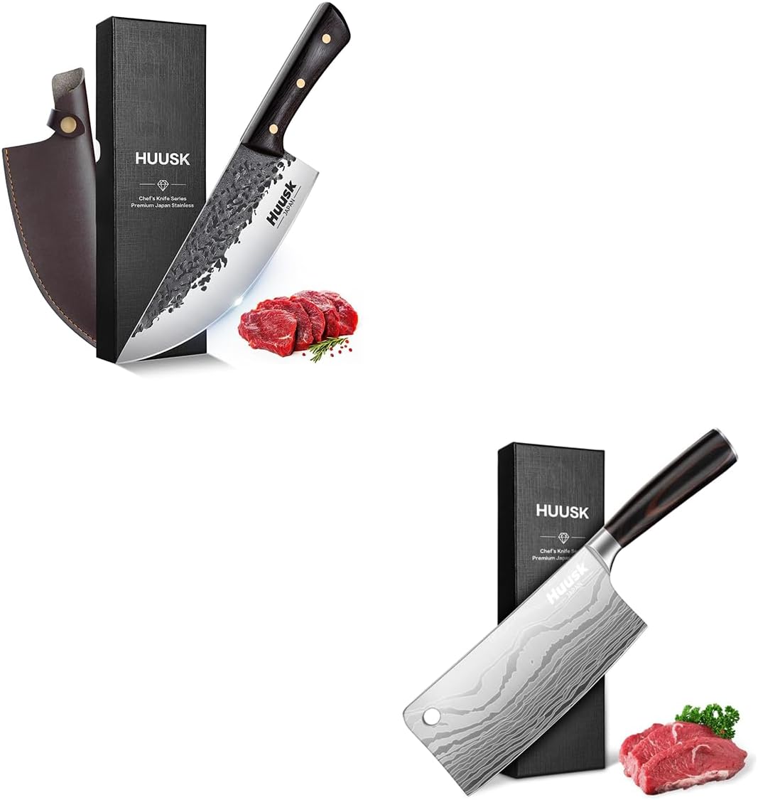 Huusk Meat Cleaver Knife 7 Inch Bundle With Butcher Knife for Meat Cutting with Gift Box