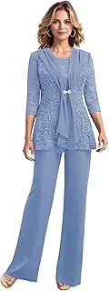 2 Pieces Chiffon Mother of The Bride Pant Suits Lace Applique Beading Formal Pantsuit for Wedding HX028