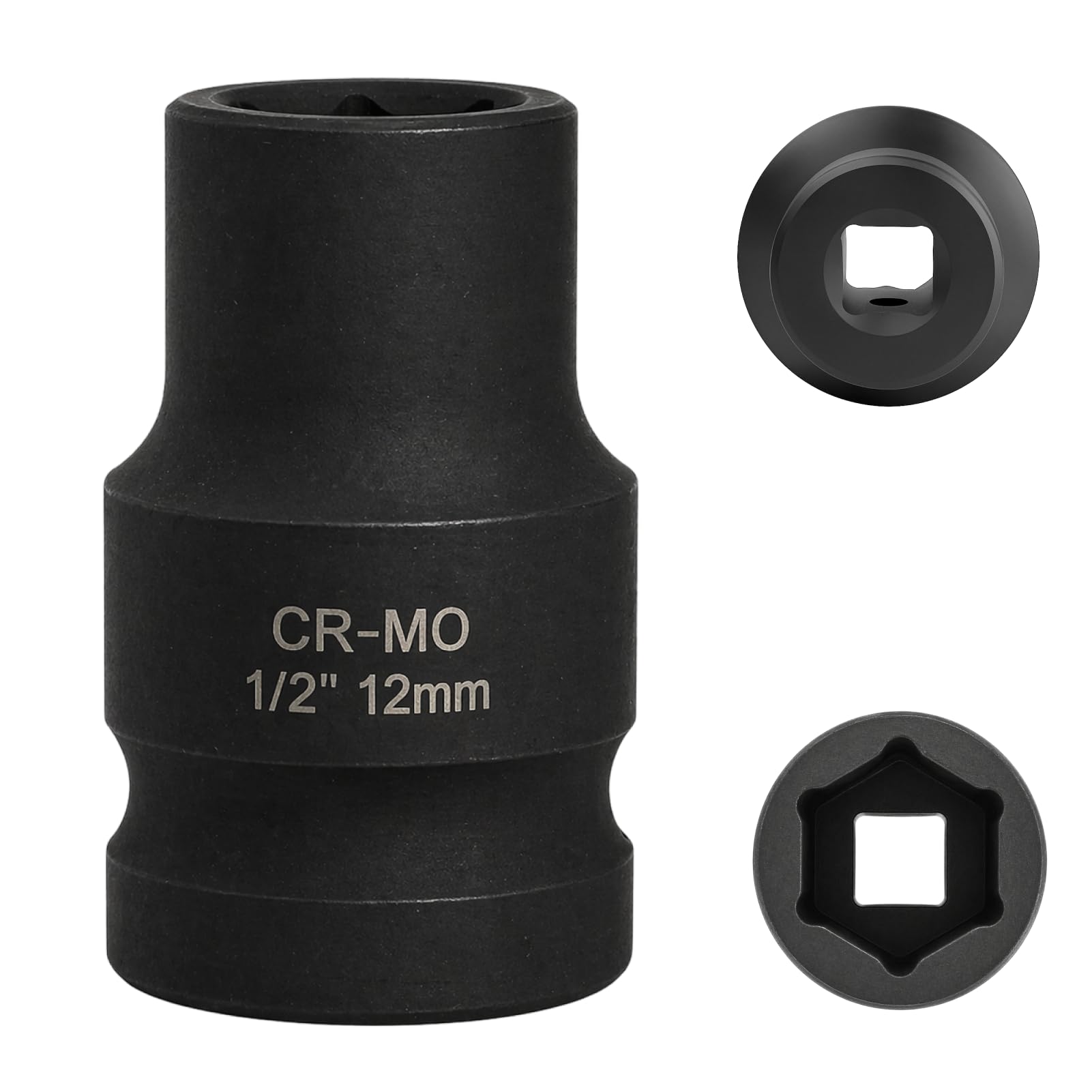 FortuneGlobe Socket 12 mm 1/2 inch Hexagon, Impact Socket 1/2 12 mm Chrome-Molybdenum Steel CR-MO (Black)