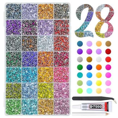 qiipii 28 Color 3mm Crystal Resin Rhinestones w B7000 Glue for Bedazzling Crafting SS10 Flatback Colorful Stones Crystals Gems Diamonds Bedaazler Kit for Nails Eyes Face Makeup Tumblers Bottles Crafts