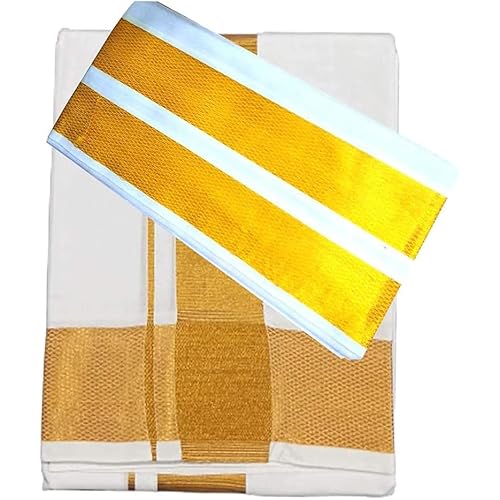Shemass™ Traditional Cotton Kasavu Dhoti Set with Angavastram, 2.0 Meters 100 k Veshti Mundu, 1.8 Meters 100k Angavastram, White