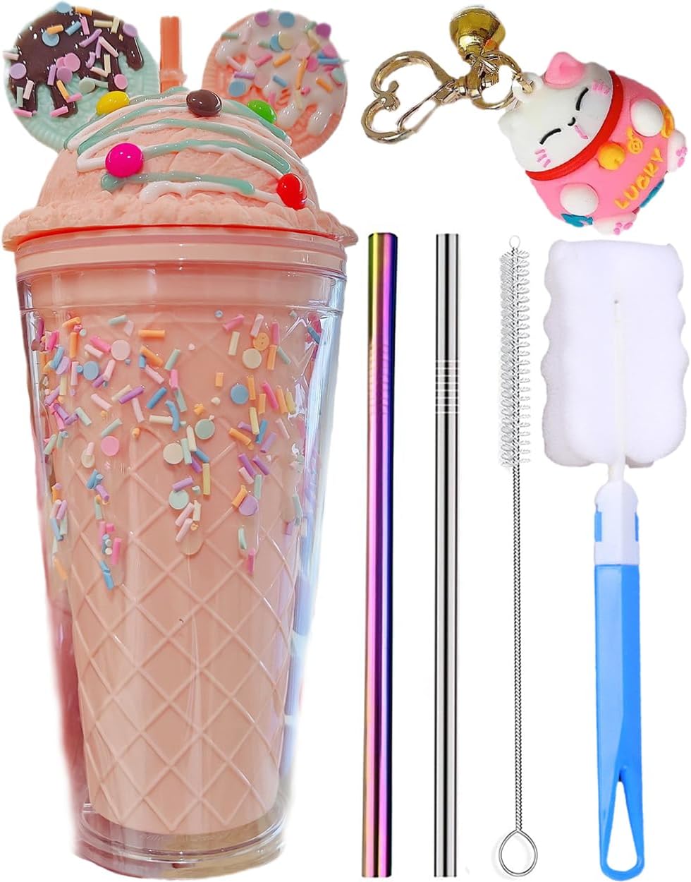 Unicorn Travel Tumbler with Straw Sequin Ice Drinking Cup Freezer Mug Plastic Cup for Picnic Party Birthday (ice cream ear pink 7)