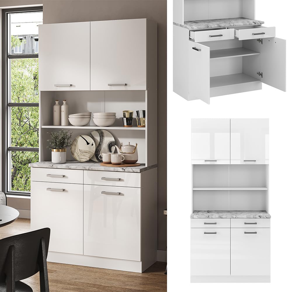Vicco Bloque de Cocina R-Line, Blanco Alto Brillo, 100 cm, ET Mármol, Apto para combinación Modular en líneas de Cocina