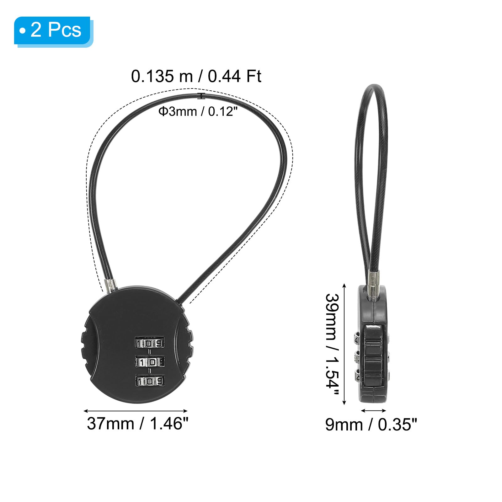 PATIKIL 2 Pack 3 Digit Combination Lock,Round Helmet Padlock Cable Lock Gym Locker Lock with 0.44Ft Flexible Security Steel Lock Wire for Bike Locker Travel Luggage Black - Image 2