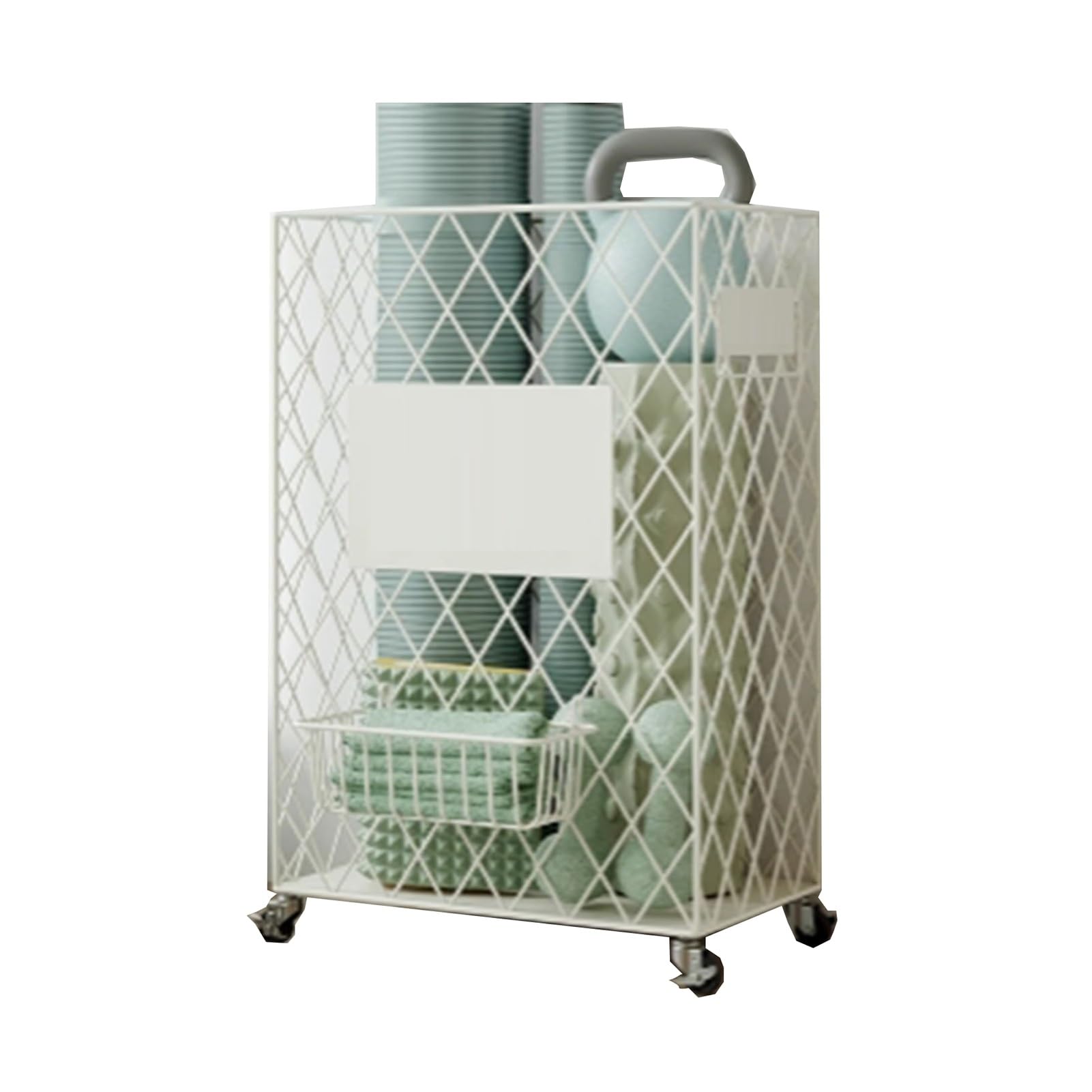 Estante de almacenamiento para esterilla de yoga, soporte de metal con asa para rodillo de espuma y bandas de resistencia, soporte de equipo deportivo, carrito de bloque, organiza tu equipo de