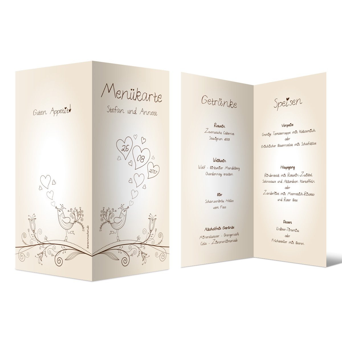 Menükarten Hochzeit Personalisiert mit eigenem Text, Speisekarte und Getränkekarte (50 Stück, Menge wählbar) - Liebesbaum, DIN Lang Klappkarte, dickes Kartonpapier