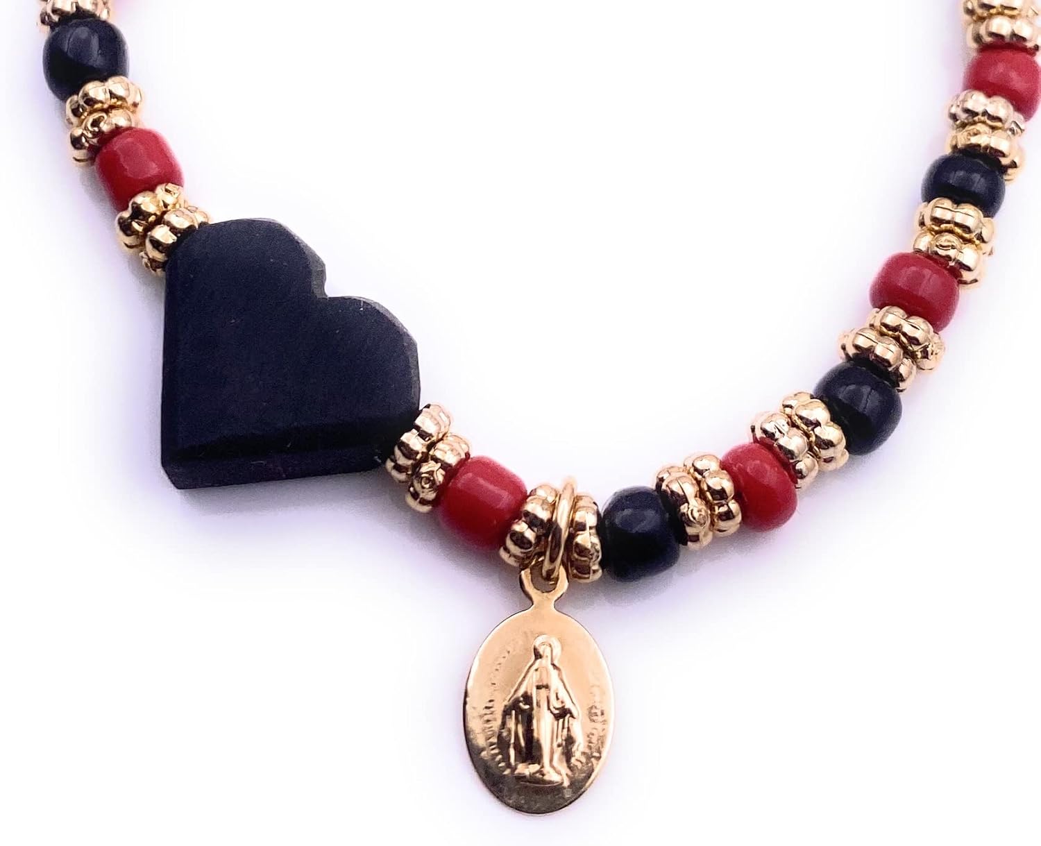 Stylish Women's Bracelet with Natural Azabache Heart Pendant and Minimalist Miraculous Virgin Charm - Image 3