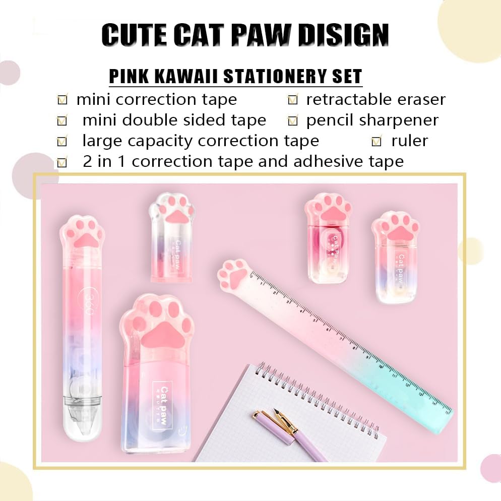 Miniatura 2 de Cinta de corrección blanca, bonito juego de papelería, incluye 3 piezas de borrador retráctil, regla, cinta adhesiva de doble cara, cinta de