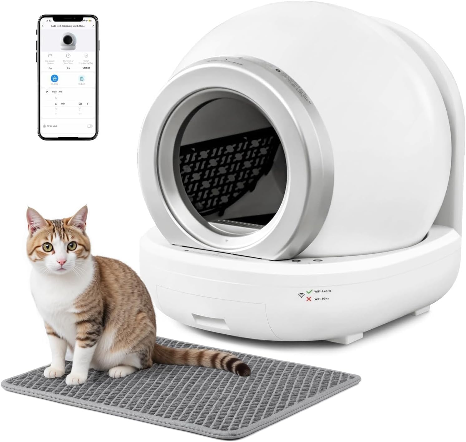 Self Cleaning Litter Box, Automatic Cat Litter Box Self Cleaning Supporting 2.4GHz Wi-Fi for Multiple Cats, App Control, Kitty Litter Box with Garbage Bags & Mats (White)