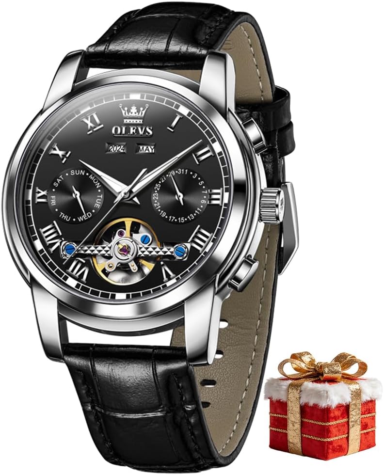 OLEVS Mechanical Dress Mens Watches Square Brown Leather