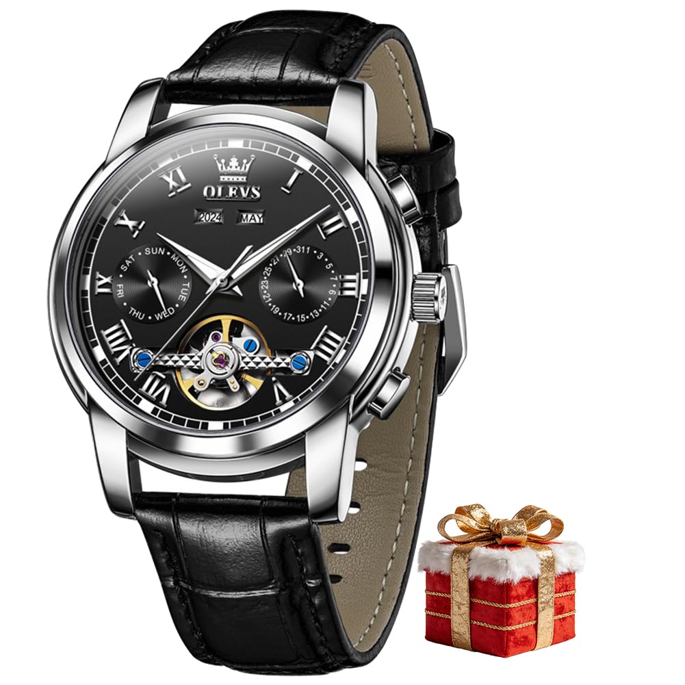 OLEVS Men's Watch Automatic Luxury Dress Tourbillon Chronograph Big Face Calendar Self Winding Wrist Watches for Men Business Moon Phase Mechanical Male Watches Luminous Waterproof