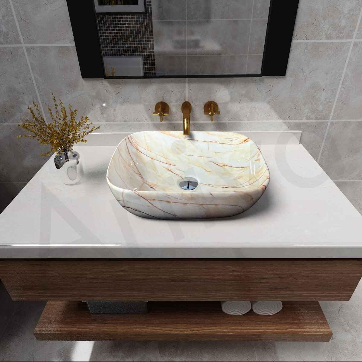 Artiva Glossy Designer Ceramic Bathroom Sink | Counter Top Wash Basin For Living Room | Rectangular Kitchen Sink | Small Size (Marbo Beige 10x14 Inch) 2