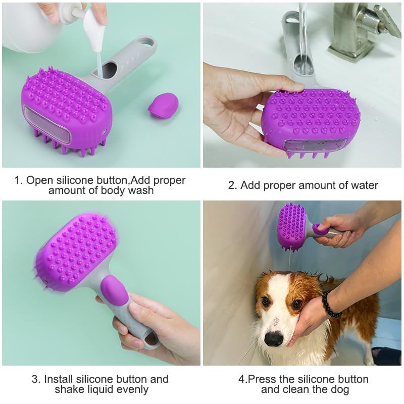 Pet Dog Bath Brush, 2 in 1 Silicone Brush Bathing Grooming Massage Brush with 6.8oz Shampoo Dispenser for Long & Short Haired Dogs Cats Shower