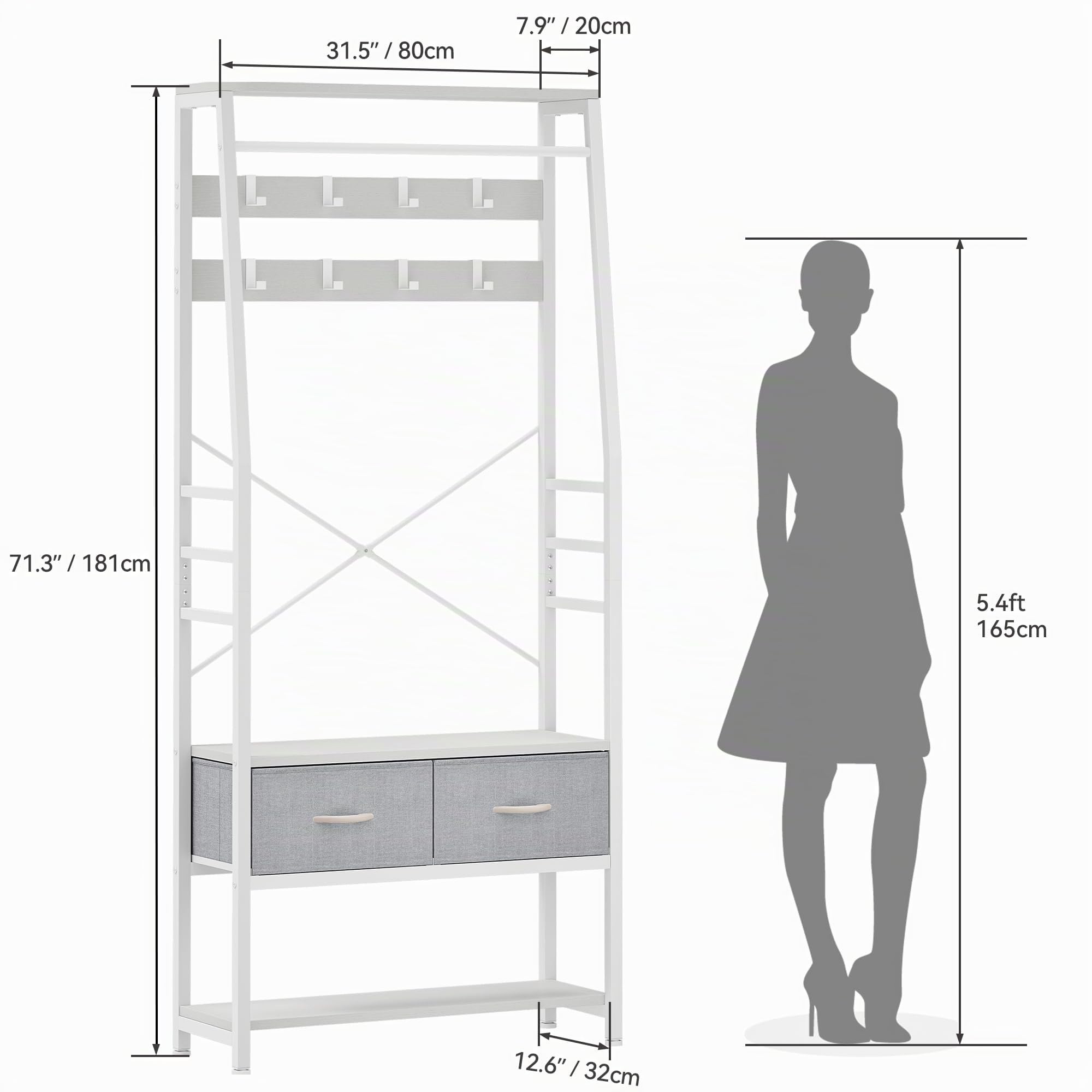 YITAHOME Perchero con almacenamiento de zapatos, árbol de pasillo de pie con banco y 2 cajones plegables, percheros industriales con 8 ganchos para pasillo, sala de estar, dormitorio, marco de metal