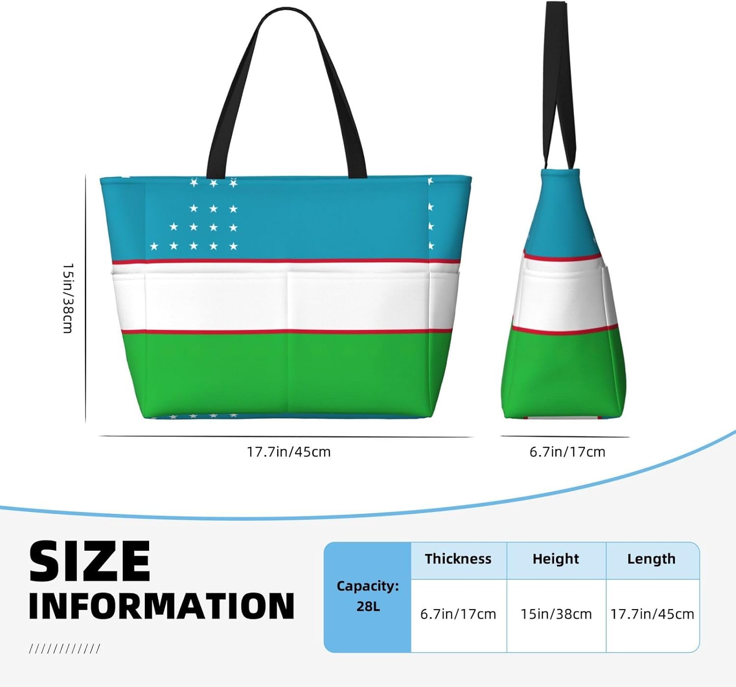 Flag Of The Republic Of Uzbekistan Print Large Tote Bag For Women, Travel Shoulder Bag Handle Handbag For Gym, Work, Travel