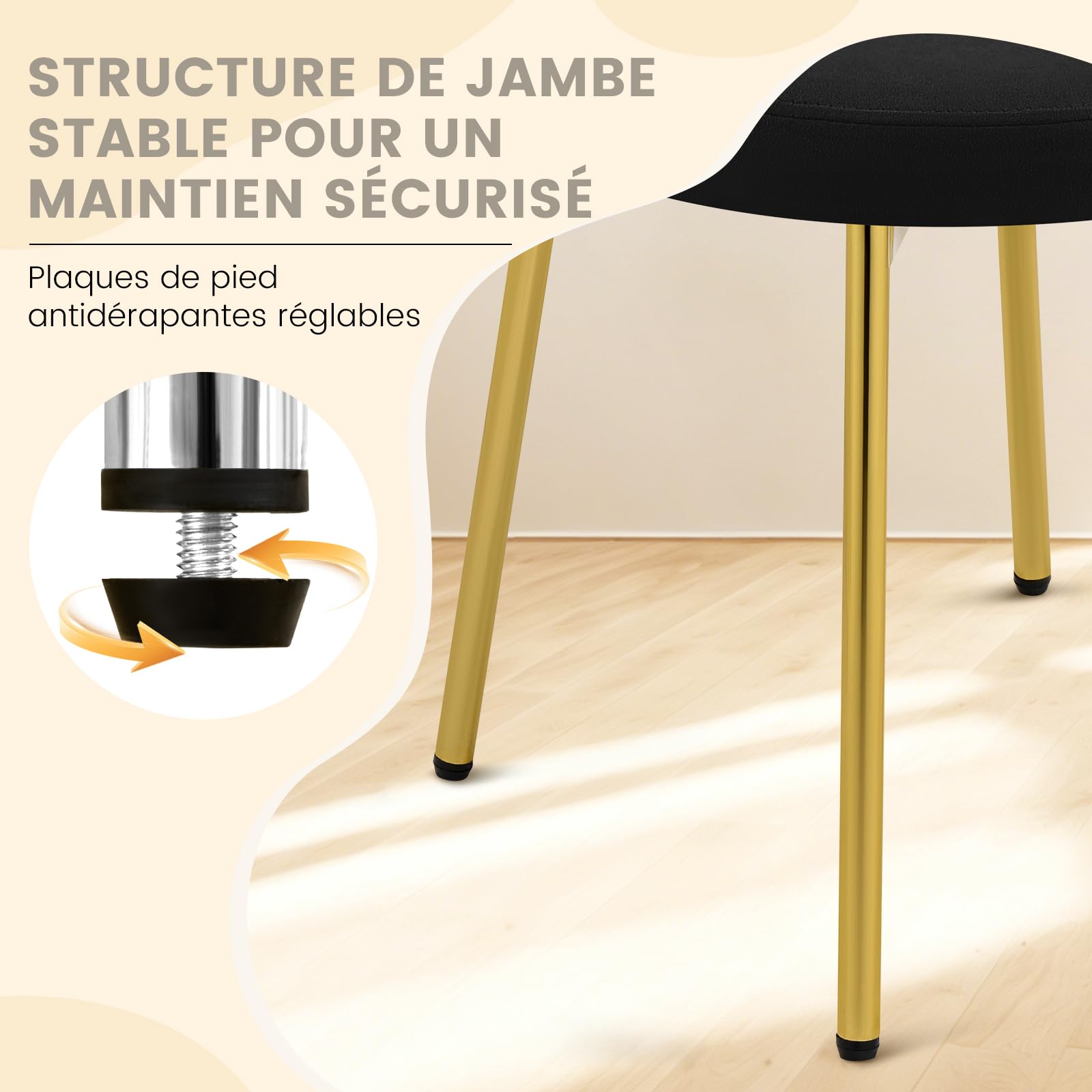 Hellove Tabouret Coiffeuse Samt avec Pieds en Métal Doré, Chaise de Maquillage Moderne Rond, Pouf Coiffeuse avec Dossier Courbé et Assise Rembourrée, Sièges de Coiffeuse pour Adulte, Noir