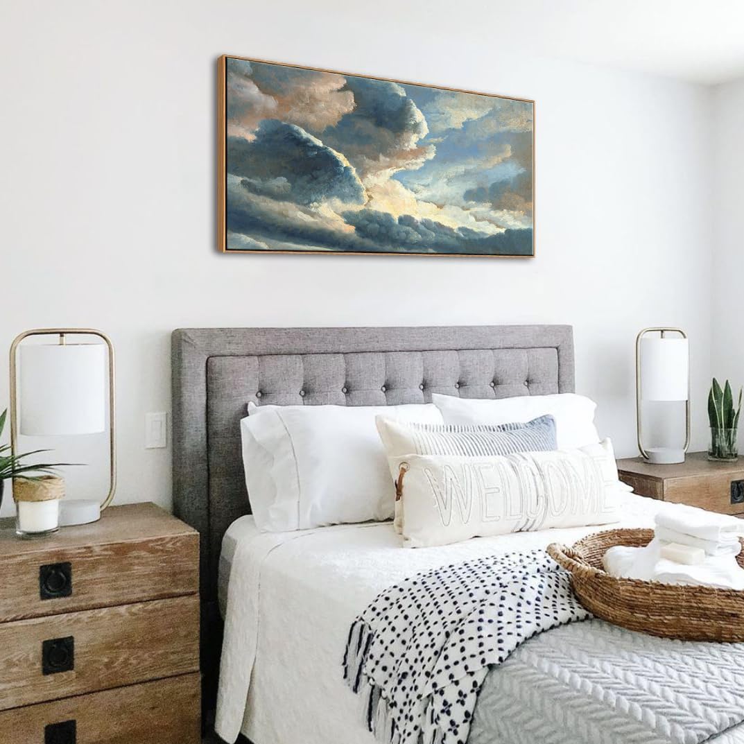 Vintage Landscape Wall Art - Large Framed Sunset Clouds Canvas Print, Farmhouse Natural Scenery Painting for Living Room, Bedroom, Bathroom Decor 20"x40"