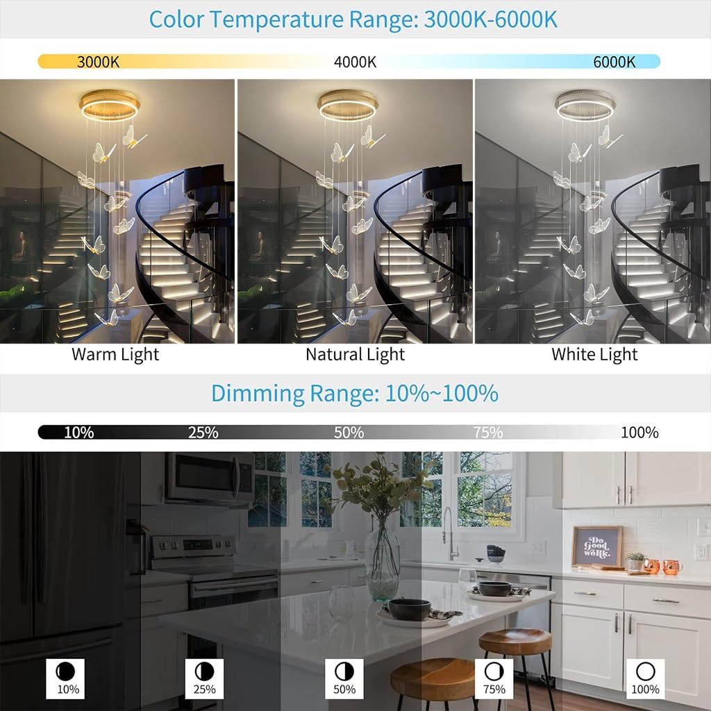 Kronleuchter LED für Eingangsbereich Wohnzimmer Hohe Decke Hängeleuchte Acryl Schmetterling Große Pendelleuchten Beleuchtungskörper Moderne Esszimmer Flur Treppenbeleuchtung Dimmbare Deckenleu