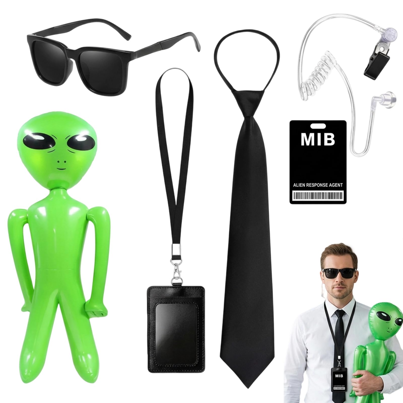 OBOVO 6 Pack Agent Costume Accessories, Spy Costume with Sunglasses, Sunglasses, Fake Earpiece, ID Badge, Card Holder, Tie, Inflatable Green Aliens for Halloween Cosplay Party