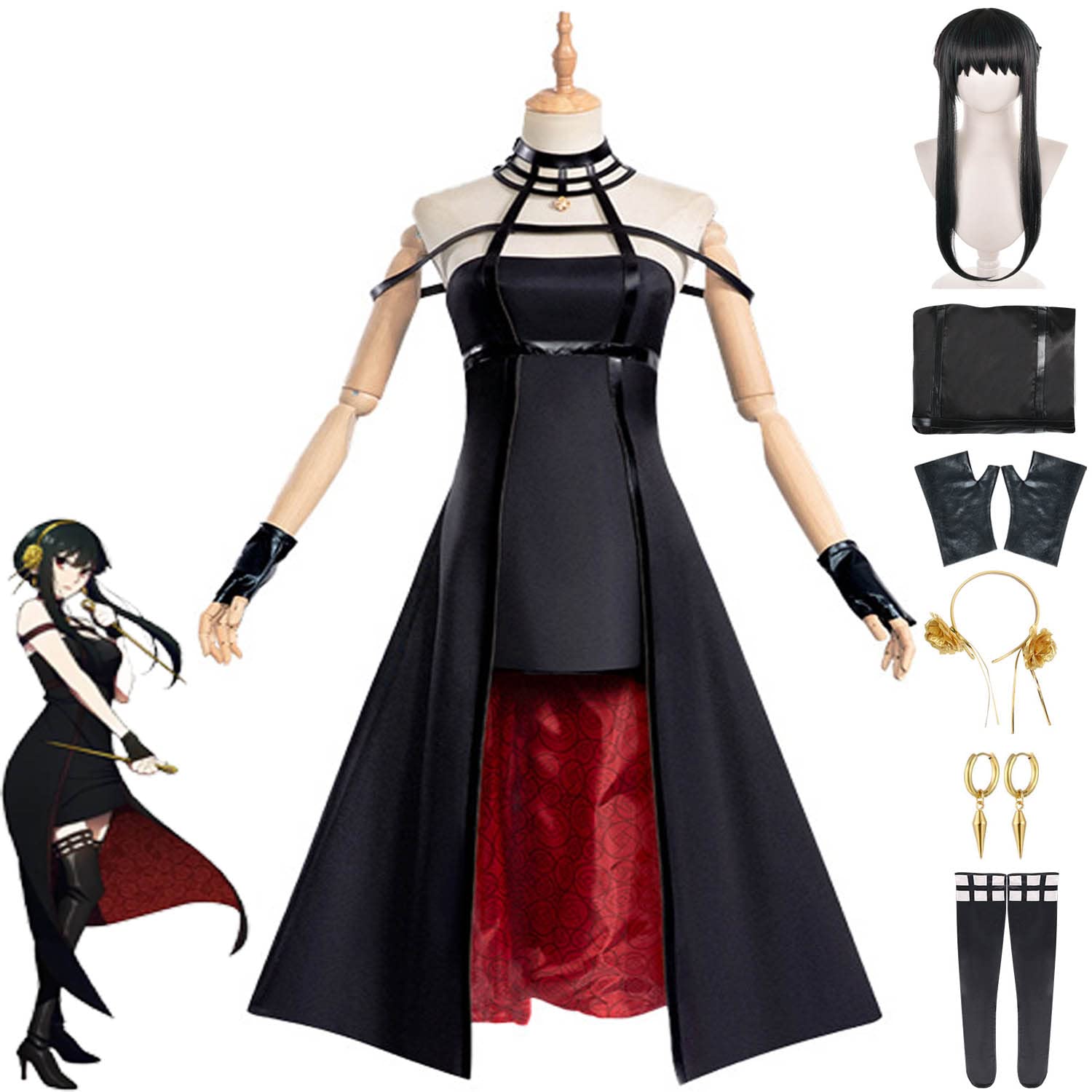 Anime Spy Family Yor Forger Cosplay Costume Outfit Full Set Black Dress Uniform Suit Halloween Kimono Dress Up with Wig - M Yor Forger