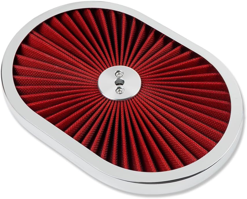 12" x 2" Oval Air Cleaner with Red Washable Element & Chrome Trim For Chevy Ford Mopar
