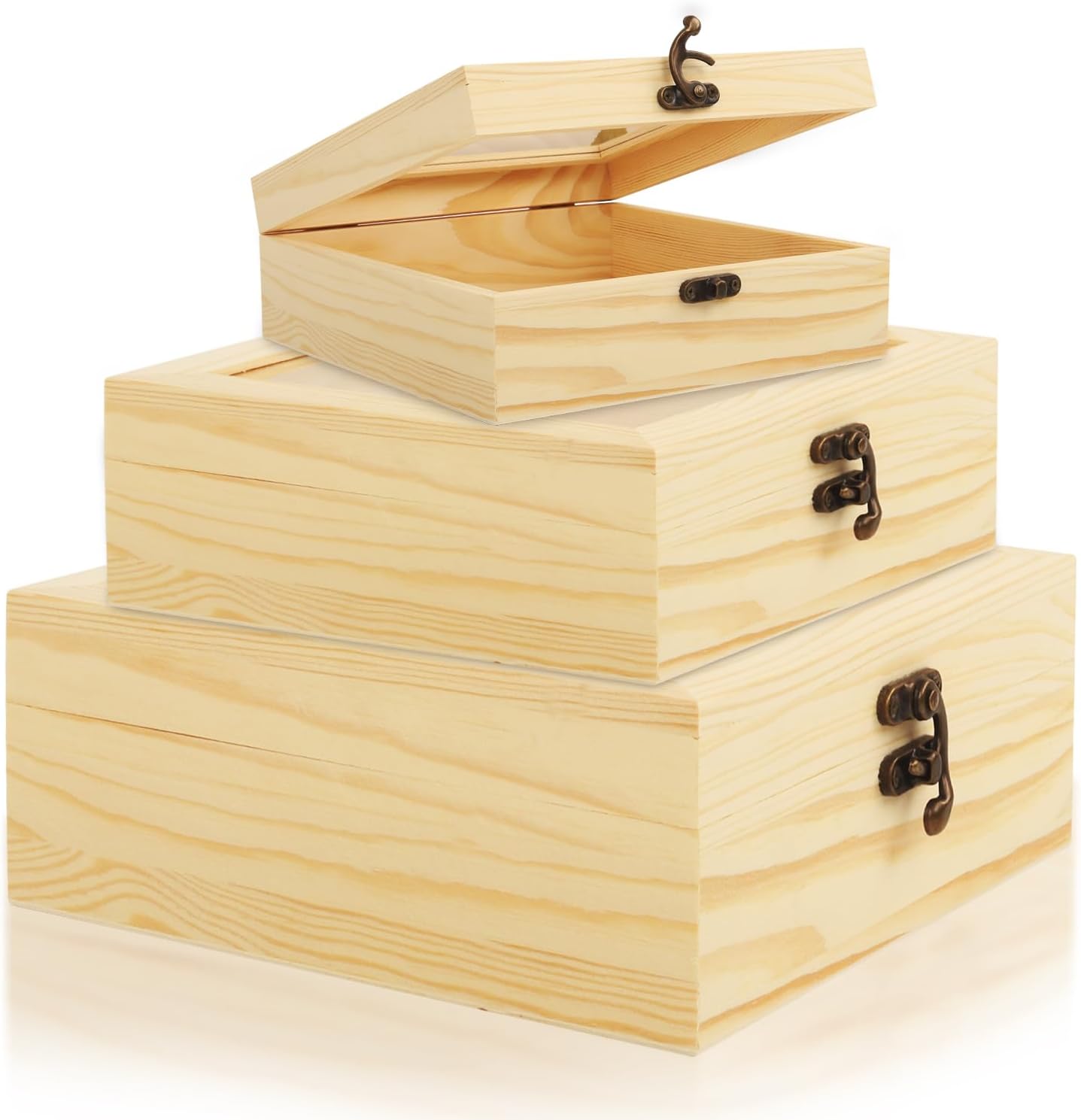 Extra Large Wooden Storage Box Set - 3 Pack Unfinished Pine Craft Boxes with Hinged Lids & Clasp for DIY Art, Hobbies, & Keepsakes - Natural Rectangular Wood Storage Boxes (9x9, 7.9x7.9, 4.7x4.7 In)