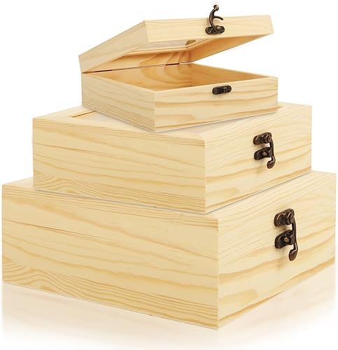 Juego de cajas de almacenamiento de madera extra grandes, paquete de 3 cajas de manualidades de pino sin terminar con tapas con bisagras y cierre
