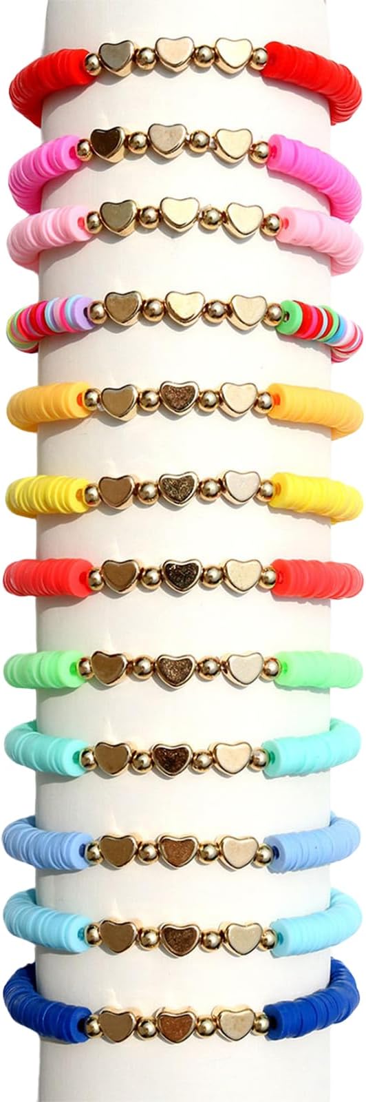BENIFILE Friendship Bracelets, 12 Preppy Colorful Bracelets for Girls, BFF Adjustable Heart Clay Beads Set for Summer Surfer Beach Party Accessories