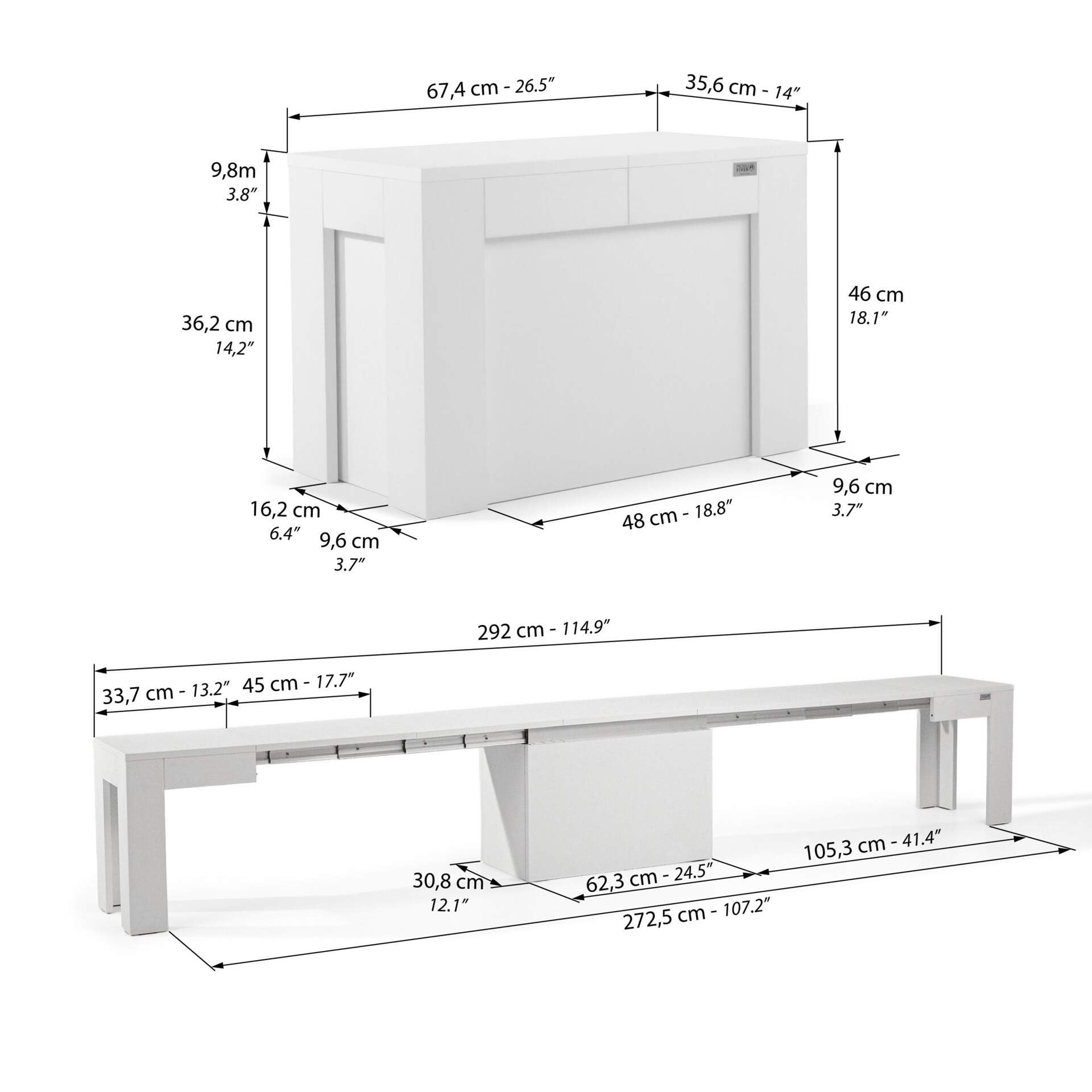 MOBILI FIVER, Banc Extensible X 67,5(292) x35,6 cm, Frêne Blanc