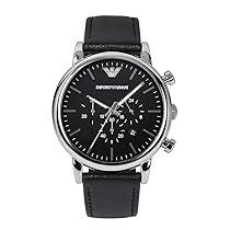 Emporio Armani Orologio Uomo, movimento cronografo, cassa in acciaio 46 mm con cinturino in pelle, AR1828, Nero e Argento, 46 mm
