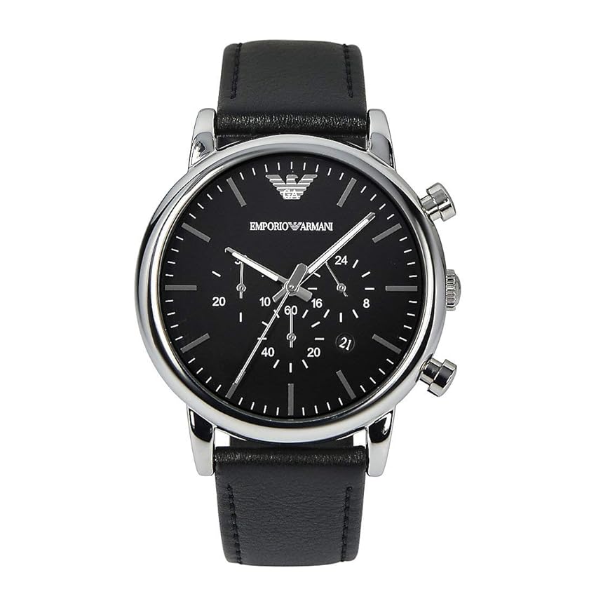 Emporio Armani Orologio Uomo, movimento cronografo, cassa in acciaio 46 mm con cinturino in pelle, AR1828, Nero e Argento, 46 mm