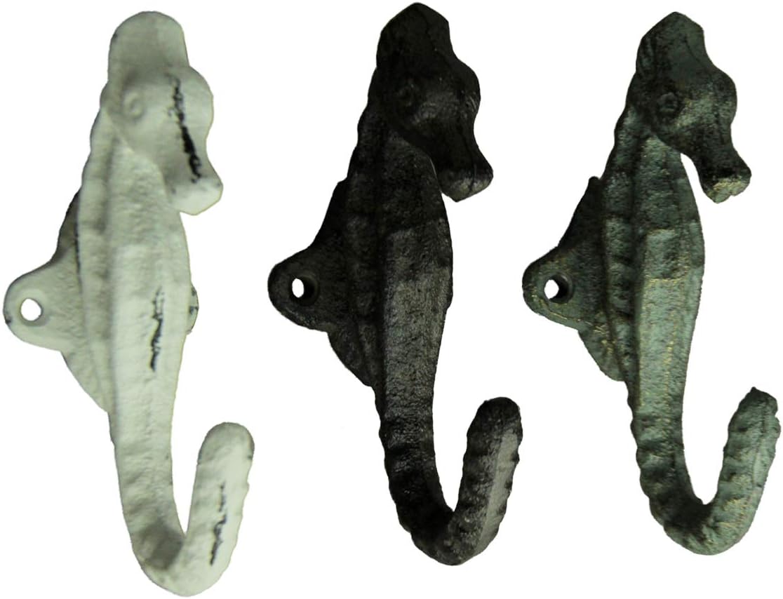 Colored Cast Iron Seahorse Coastal Wall Hooks Set of 3