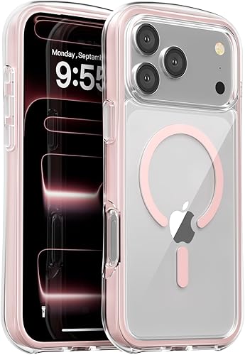 iPhone 17 Pro Max Case Clear, 360° Air Cushion Frame for Drop Protection, Military-Grade Shockproof, MagSafe Compatible, Slim Minimalist Design, Pink