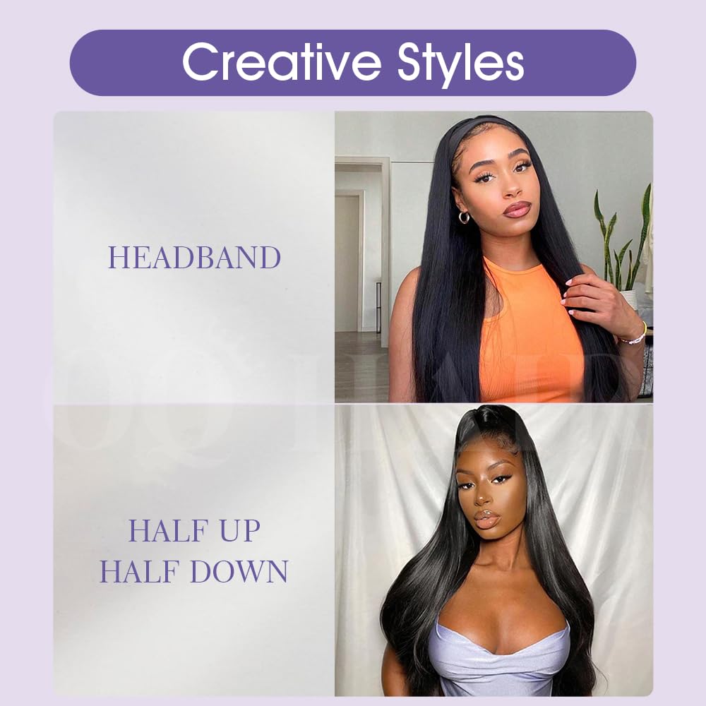 OQ HAIR Yaki Straight Half Wig Human Hair Drawstring Flip Over Glueless Wear and Go 3 in 1 180% Density Yaki Headband Wig Beginner Friendly for Women 18 Inch