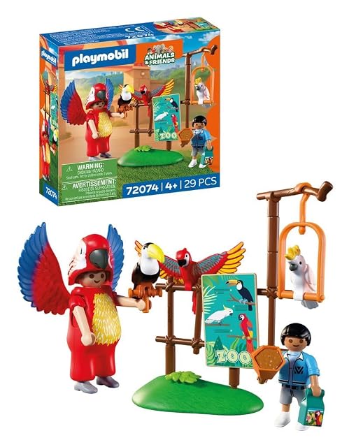 PLAYMOBIL | Animals & Friends | Zoo Mascota | Hombre con Disfraz de Loro y 3 Aves Tropicales | Juguete Infantil a Partir de 4 años | 72074