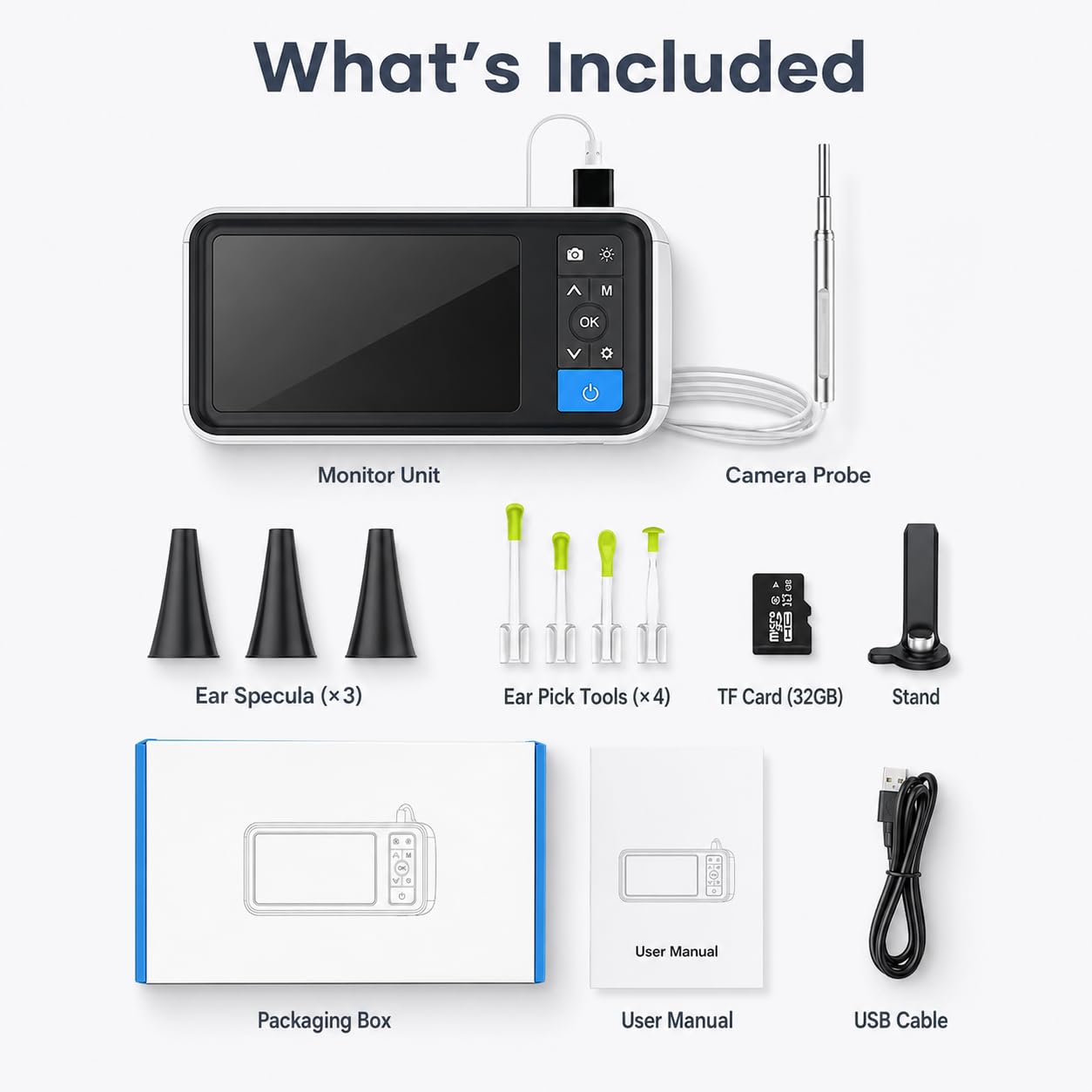 Otoscopio digital con pantalla de 4.5 pulgadas, cámara auditiva de 3.9 mm con 6 luces LED y batería recargable para adultos, niños y mascotas