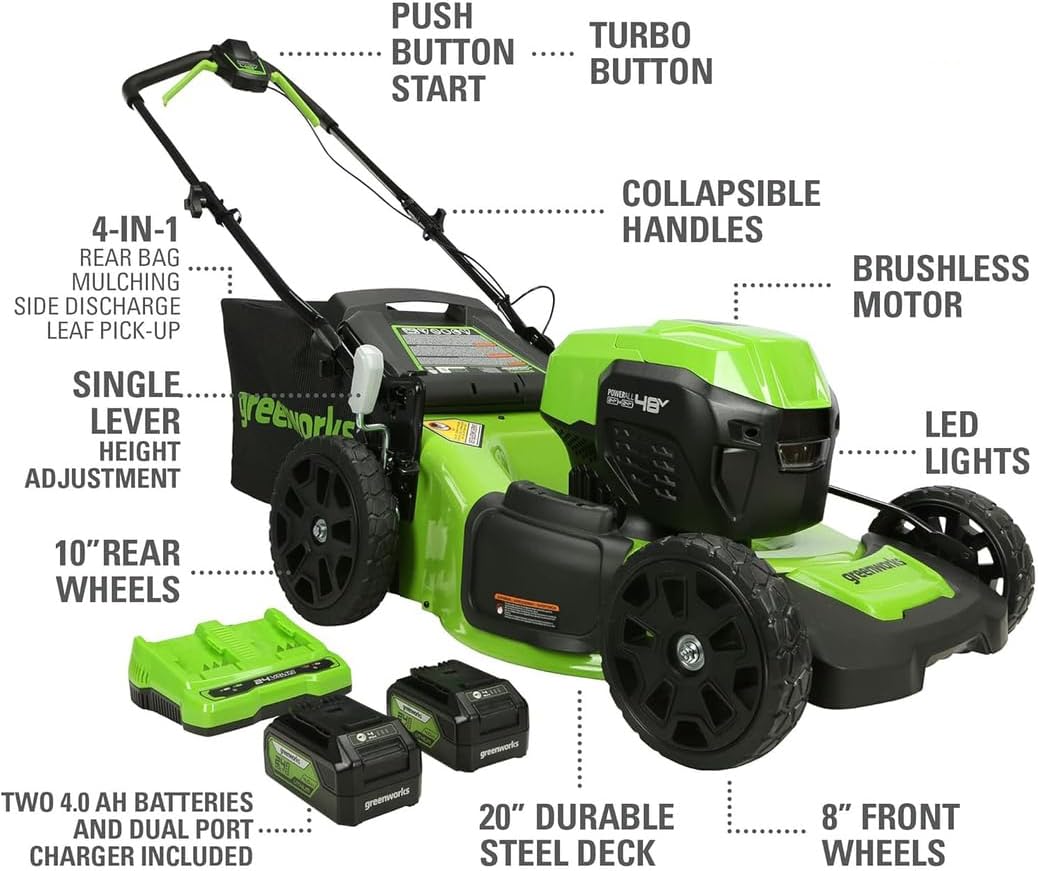 Efficient & Eco-Friendly Cordless Lawn Mower with LED Headlights, Dual Batteries & Rapid Charger