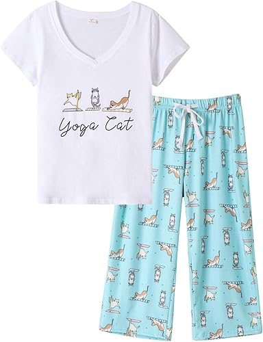 HONG HUI Conjunto de pijama capri para mujer, talla grande, camiseta de dormir con pantalones capri, conjunto de 2 piezas para dormir