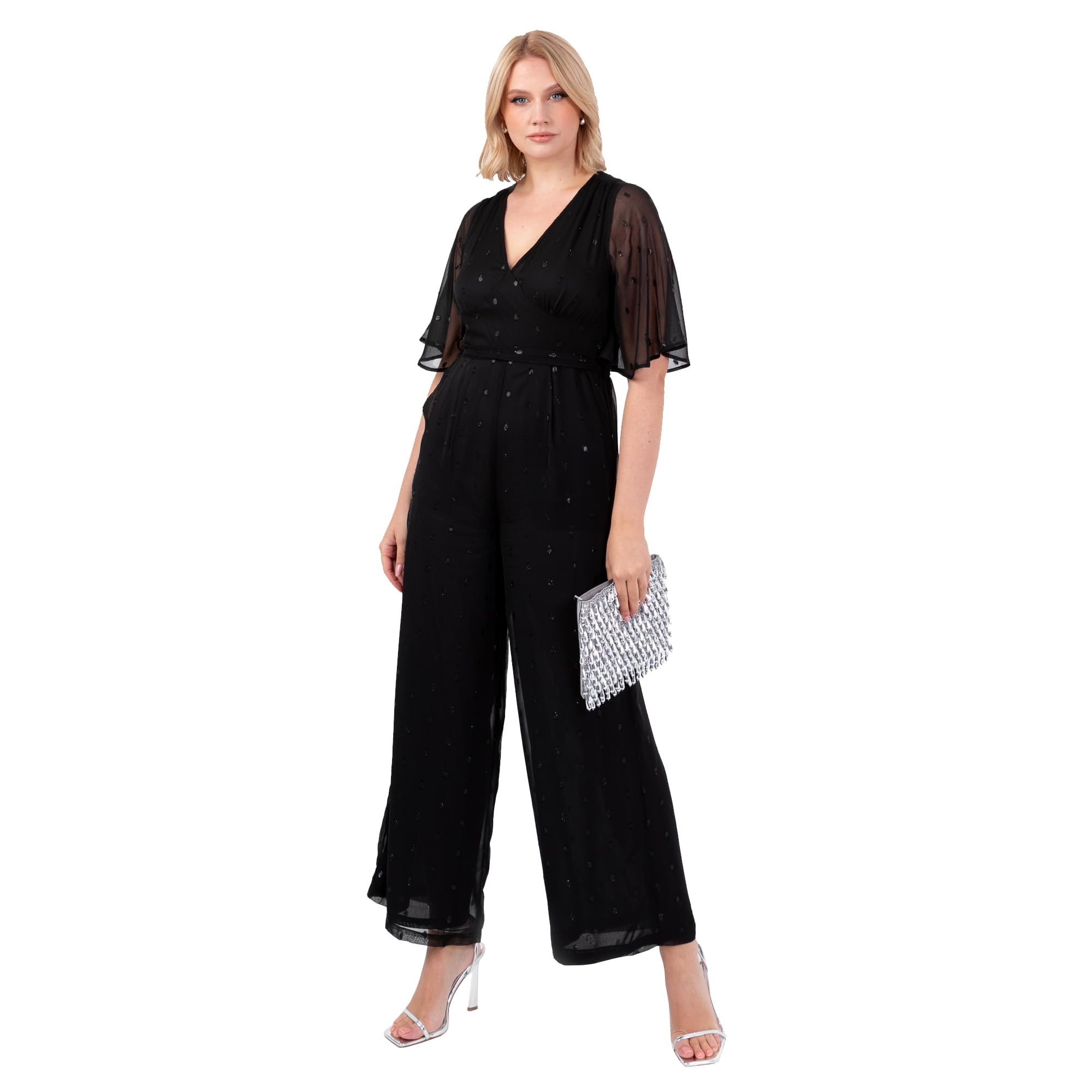 Lovedrobe Women's Jumpsuit Ladies V-neck Short Flutter Sleeve Waist Tie Clipped Spot Chiffon Evening Party Occasion Cocktail, Black 24
