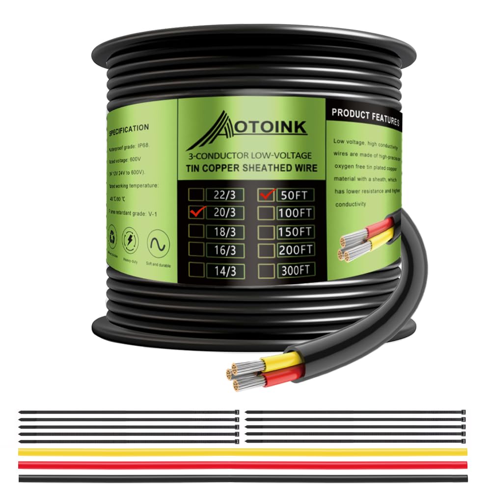 Cable Eléctrico 20/3 de 15,24M 3x0.5mm², 12/24V Cable de Calibre 20 para Automoción, Iluminación LED, Barco