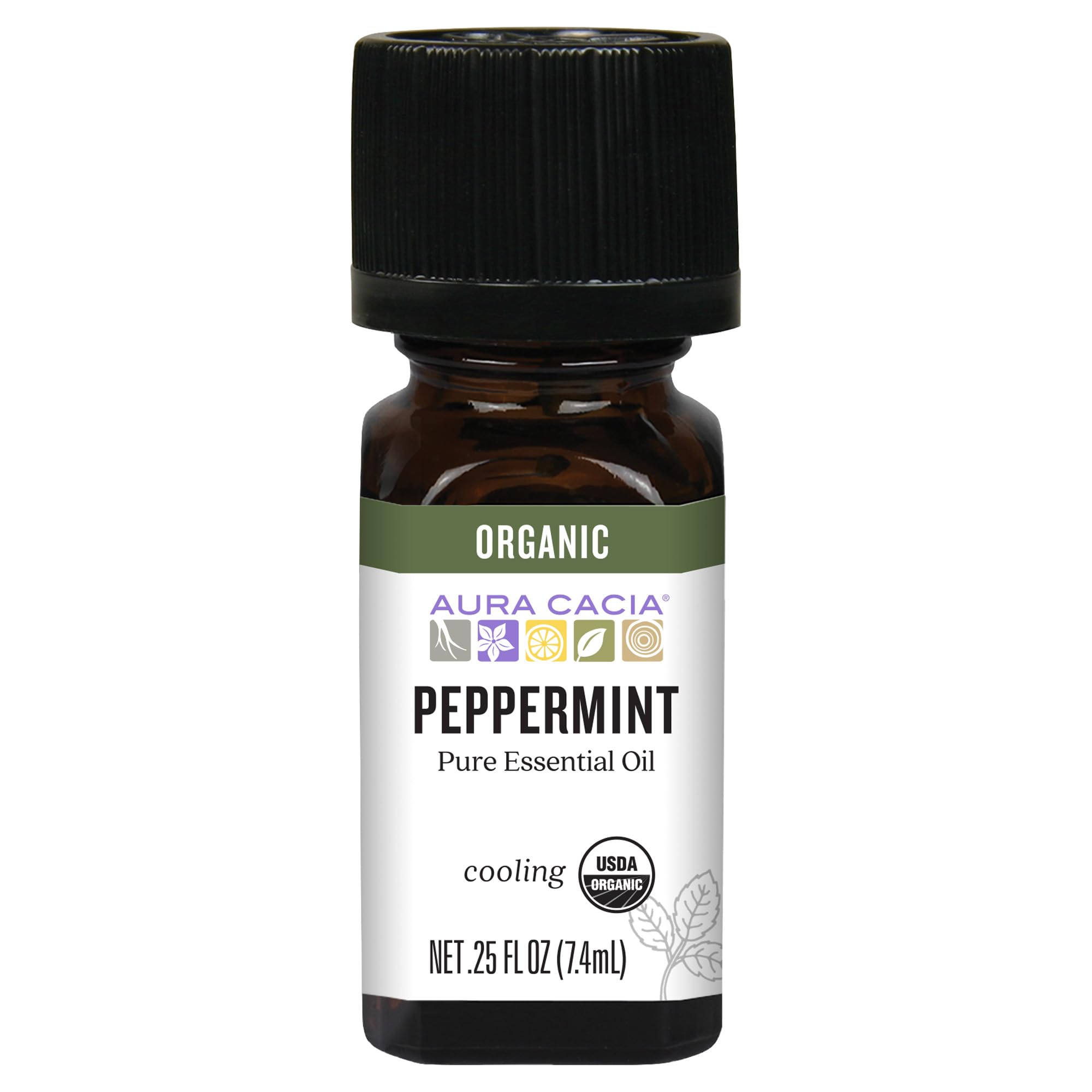 Aura Cacia Organic Peppermint Essential Oil, Mentha Piperita Oil, Cooling Aromatherapy for Diffusers, Skincare, Massage, Custom Blends | 0.25 Fl Oz (
