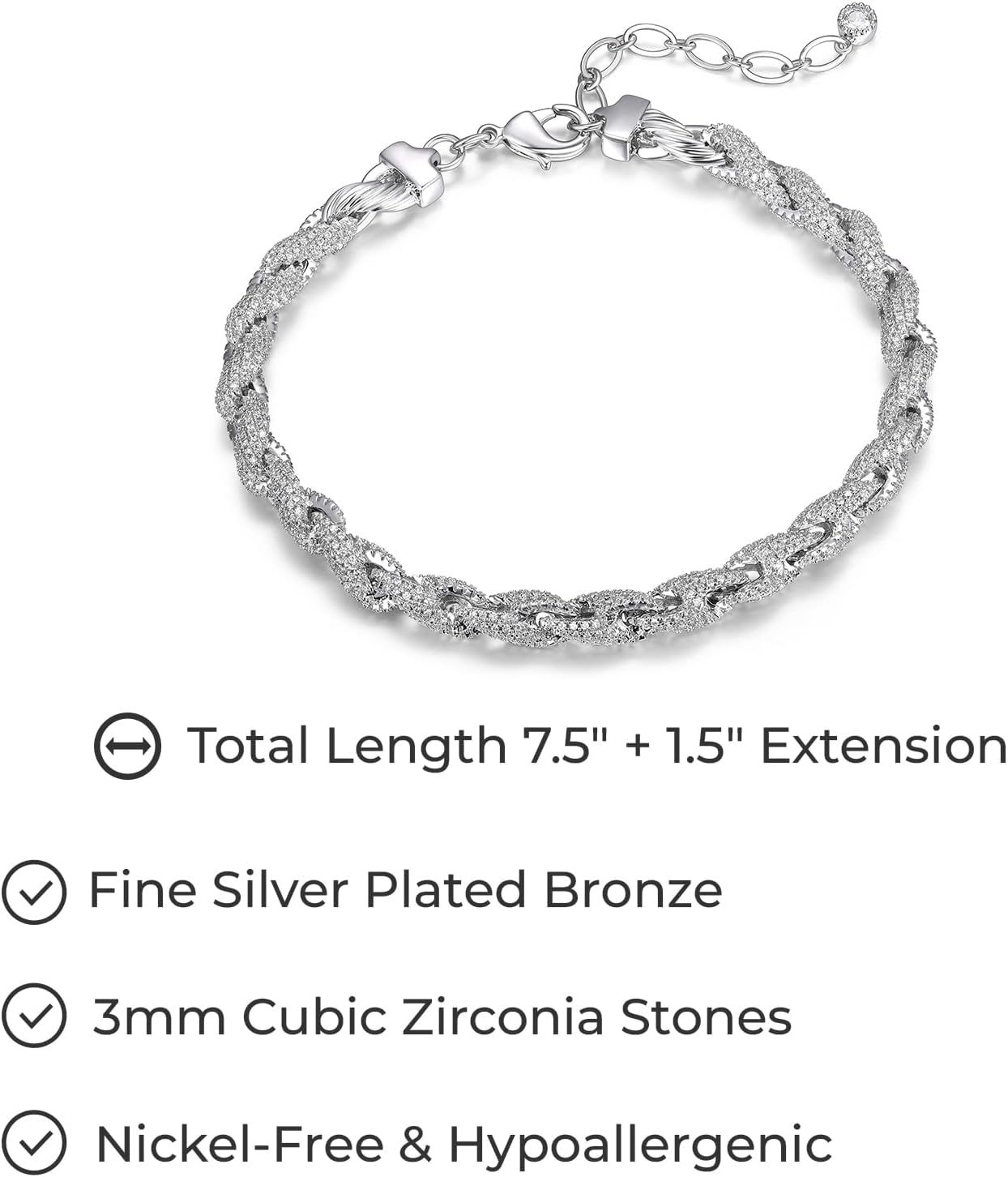 MORGAN & PAIGE Bronze 18K Yellow Gold or Rhodium Plated Cubic Zirconia Rope Chain Bracelets for Women - Elegant Chain Bracelets for Women Trendy, Jewelry for Her, 7.5 inch + 1.5 inch Extension