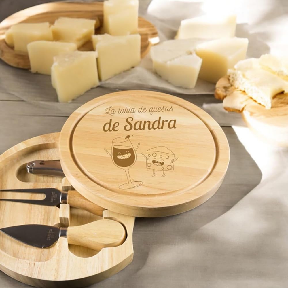 Regalo personalizado: tabla de quesos grabada con motivos divertidos y el texto que tú quieras