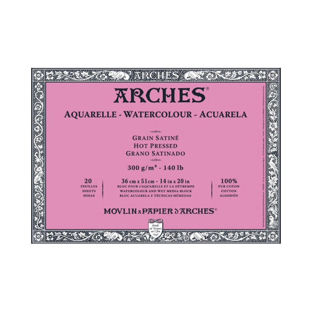 Arches 1795075 Aquarellpapier im Block (36 x 51 cm, 4-seitig geleimt, 300g/m² Satiniert) 20 Blatt naturweiß