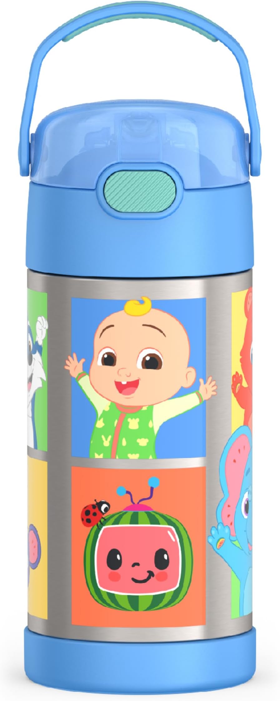 FUNTAINER Water Bottle with Straw - 12 Ounce - Kids Stainless Steel Vacuum Insulated Water Bottle with Lid, Cocomelon