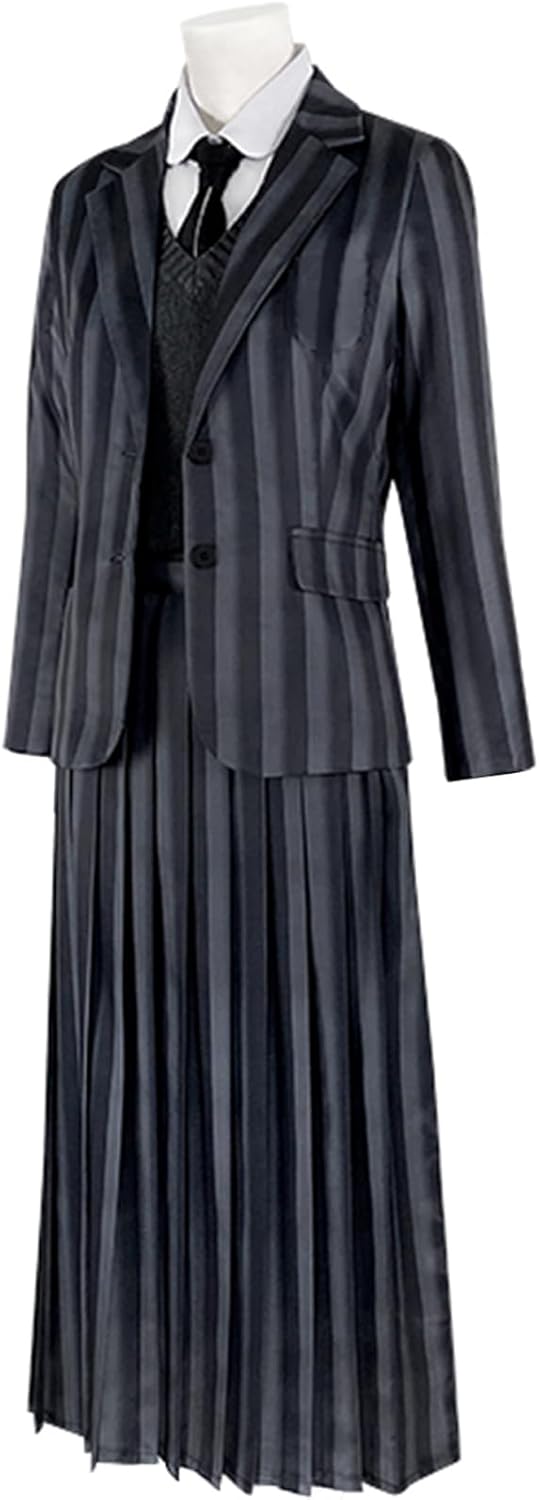 Women Goth School Uniform Cosplay Costume Pleated Dress Skirt Grey Stripes Suit Party Halloween Outfits - Image 4