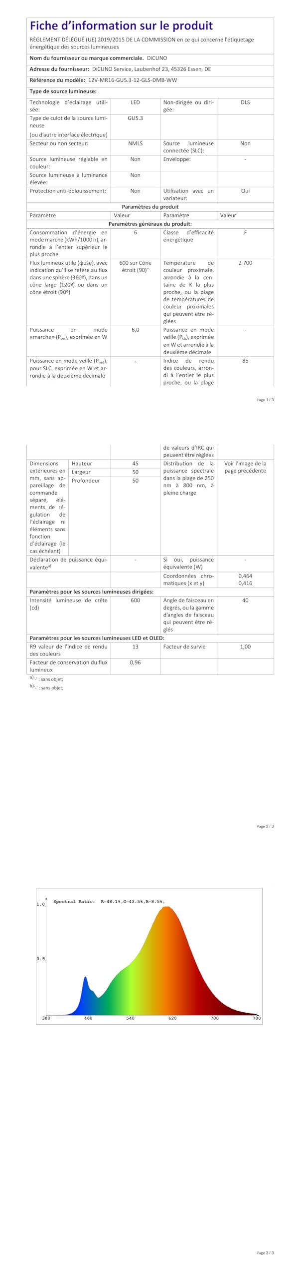 DiCUNO Lampadina LED GU5.3 Dimmerabile, 6W=60W, 2700K, 420lm, 10 Pezzi | Bianco caldo, Lampadine GU5.3 MR16, 12V, Fascio 40°, per faretti da incasso, controsoffitti e vetrine