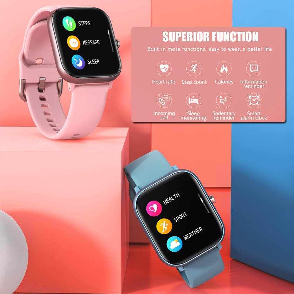 Two douself P20 Smart Watches (pink and blue) with icons representing superior functions like heart rate, step count, calories, information reminder, incoming call, sleep monitoring, sedentary reminder, and smart alarm clock.