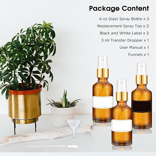 Miniatura 6 de Botellas pequeñas de vidrio ámbar de 4 onzas, paquete de 3 botellas rociadoras para el cabello, pequeño recipiente rociador recargable vacío con