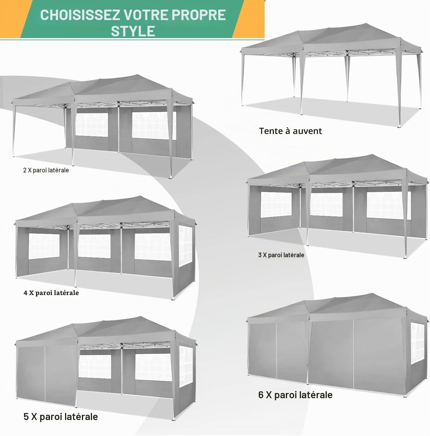 COBIZI Tonnelle Pliante 3 x 6 m étanche et Stable - Tente de réception d'extérieur 3 x 6 m avec 6 parois latérales - Anti-UV - pour Mariage, extérieur, Jardin, fête, marché (Gris)